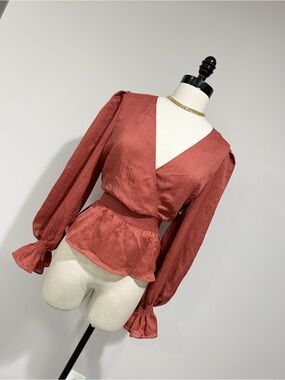 Express Rust Red V-Neck Smocked Peplum Blouse